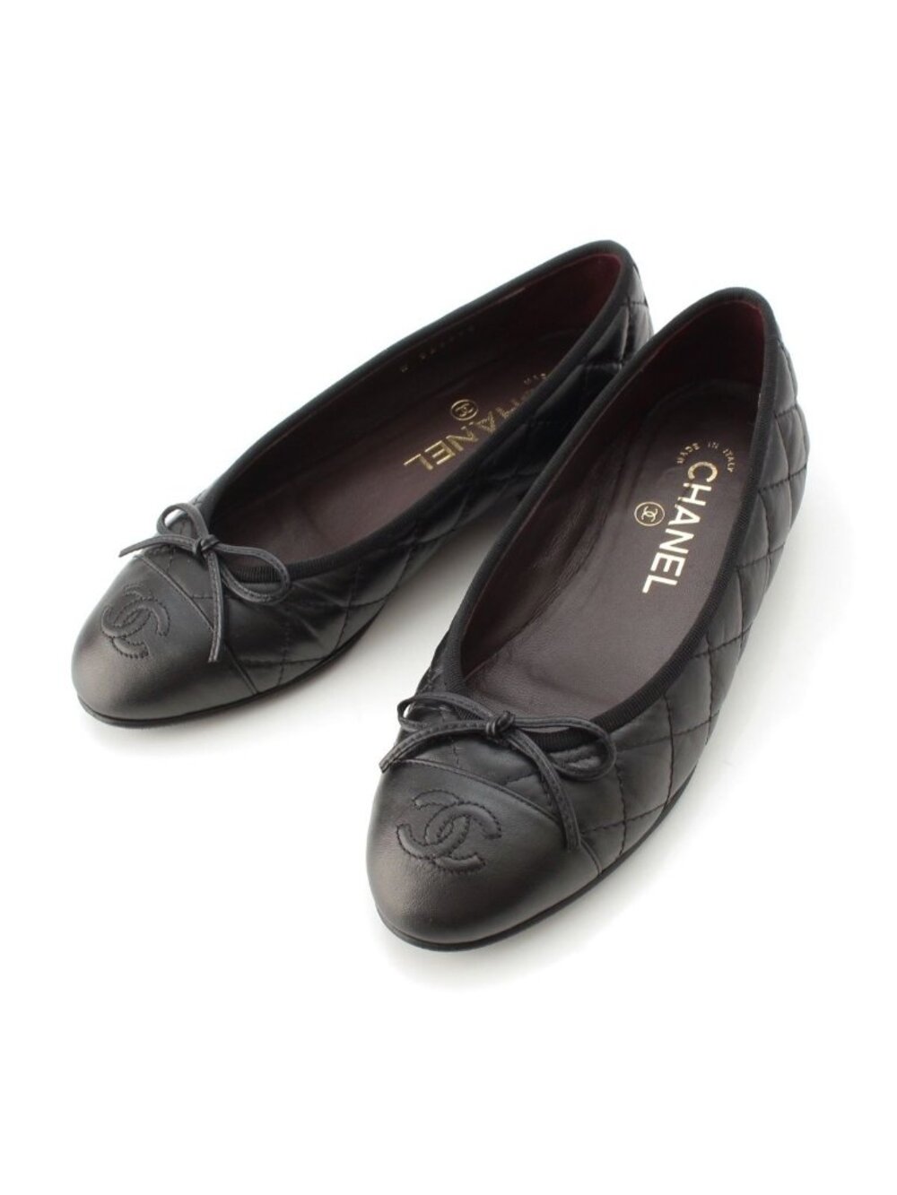 Chanel Leather CC Logo Quilted Ballerina Flat Pumps Shoes Black 35c